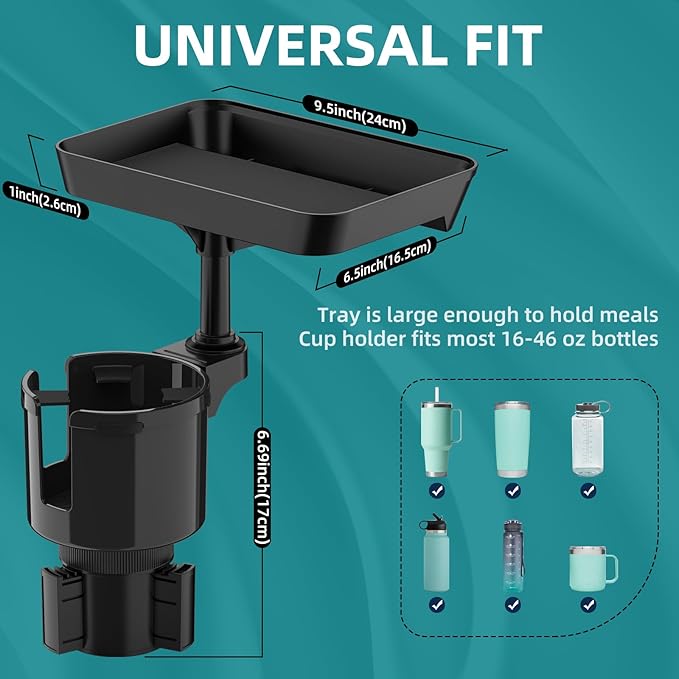 TYKOR Car Cup Holder Tray, Cup Holder Expander Adapter for Car, 9.5” Car Food Tray Table for Eating, Car Essentials Fits Yeti, Hydro Flask 16-46 oz