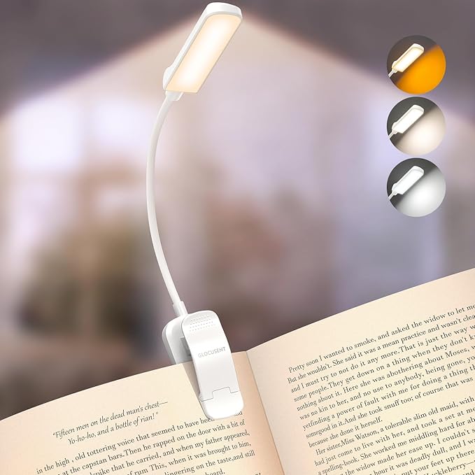 Glocusent 13 LED Rechargeable Book Light for Reading at Night, Eye-Caring 3 Amber Colors & Stepless Dimming, Lasts 1 Week to 2 Months, Travel Clip on Lamp, Gifts for Book Lovers, Men, Women & Kids