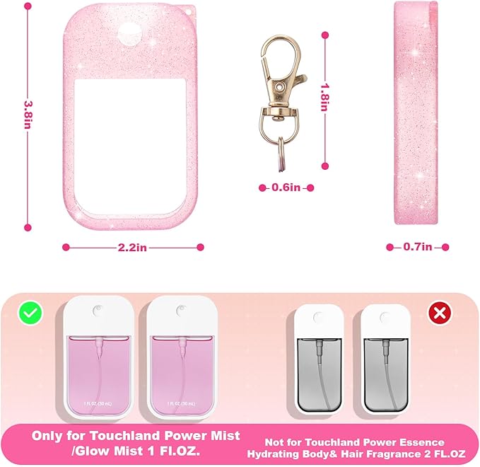 Palksky Hand Sanitizer Spray Glitter Case for Touchland,Silicone Case with Keychain for Power Mist and Glow Mist 1 fl oz(Glitter Sequin Pink, White & Blush Beige),Travel Size