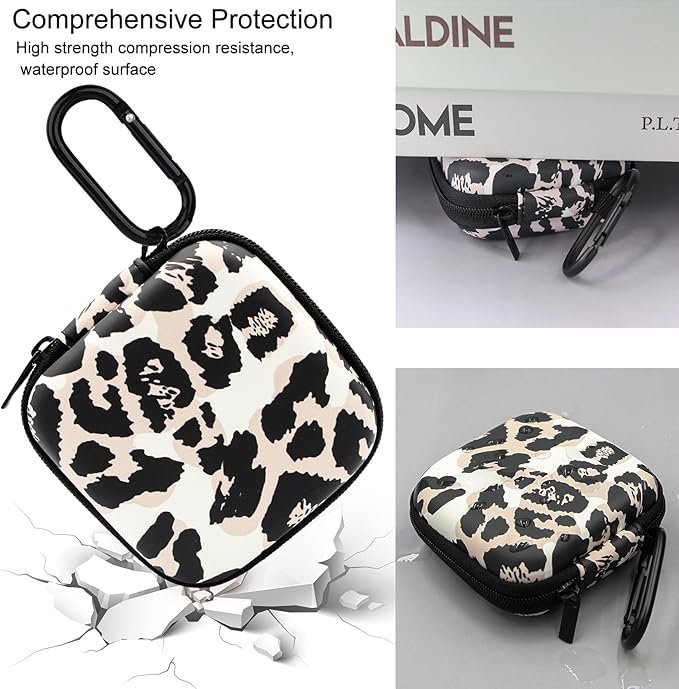 Earbud Case,Headphone Organizer Earbud Storage Bag, Hard EVA Shockproof Cover Carrying Case with Carabiner Clip Compatible with AirPods 4 AirPods Pro 2nd /3/2/1 Bose Galaxy Buds (Leopard)