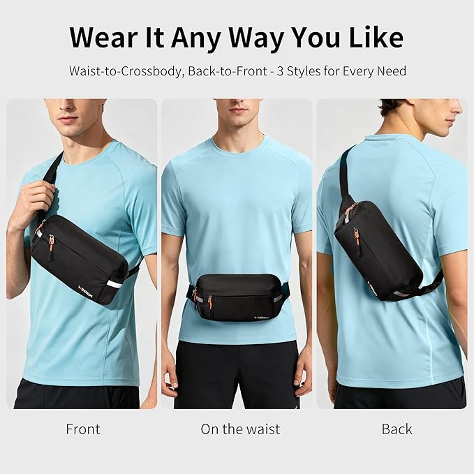Fanny Pack for Men Women 2L Lightweight Waist Belt Hip Bag Slim Crossbody Sling Bag Adjustable Water Resistant Bum Belt Pouch for Travel Running Shopping Hiking Cycling Climbing EDC BLACK