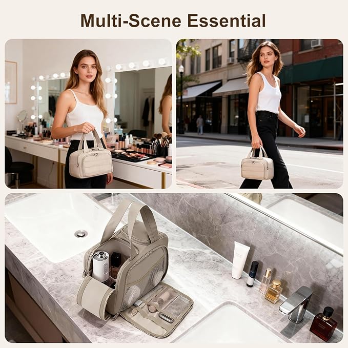 Travel Makeup Bag, Portable Travel Bag with Hanging Hook for Women, Waterproof and Hanging Toiletry Bags Travel Organizer Accessories for Travel Essentials,Brown