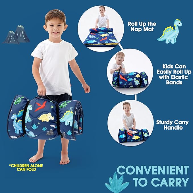 ACRABROS Toddler Nap Mat with Pillow and Blanket, Large Rolled Napping Mats,Slumber Bags for Boys Girls,Kids Sleeping Bag for Daycare, Preschool Travel