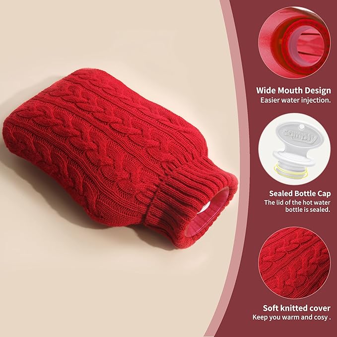 samply Hot Water Bottle with Knitted Cover, 2L Hot Water Bag for Hot and Cold Compress, Hand Feet Warmer, Ideal for Menstrual Cramps, Neck and Shoulder,Red