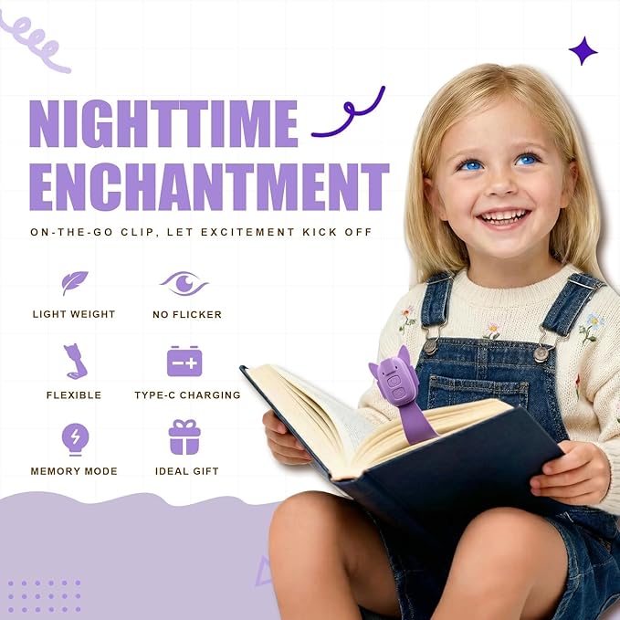 Rechargeable Kids Book Light, Cute Bookmark Reading Light for Kids, Dimmable Portable LED Book Light for Reading in Bed, Eye-Caring Bedtime Reading Lamp for Children & Travel, Purple