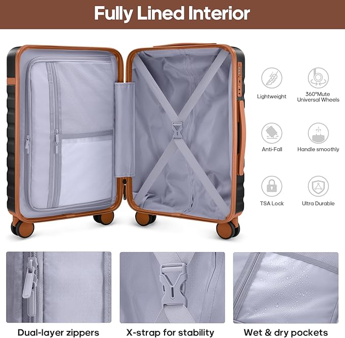 Luggage Sets 3 Piece, Carry On Luggage 20In With Spinner Wheels,PC Hardside Suitcase Set with TSA Lock,Durable Carry On Suitcase With Travel Backpack for Men (Black Brown, 3 piece set (BP/20inch))