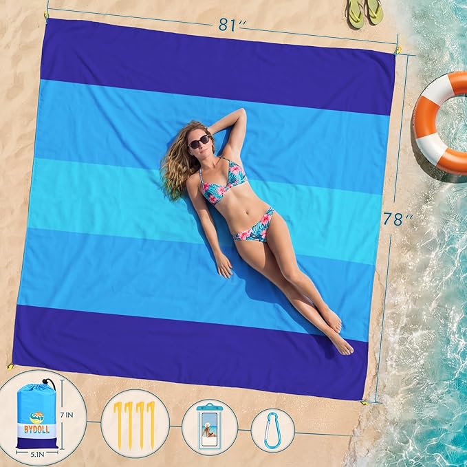 BYDOLL Beach Blanket Waterproof Sandproof Large Sand Free,78''X81''/10'X9' Oversized Sandless Lightweight Blanket Picnic Mat for Beach Travel Camping Hiking with Stakes