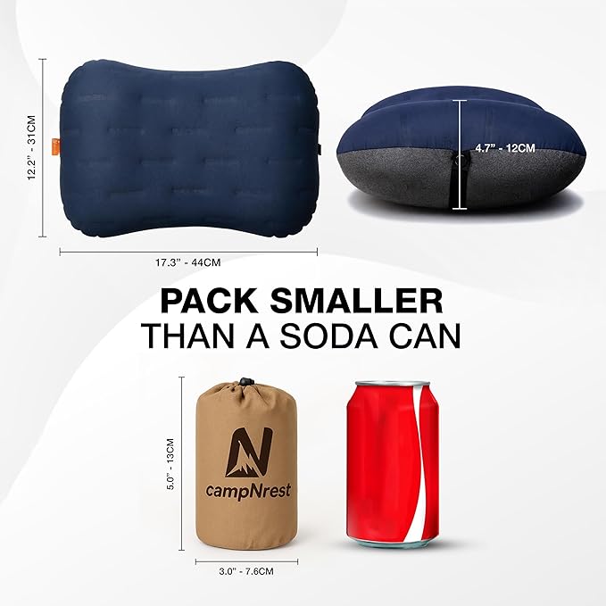 Inflatable Camping Pillow - Ultralight Compact Air Pillow for Travel, Backpacking & Hiking - Ergonomic Neck & Lumbar Support - Portable Inflatable Pillow with Removable Washable Cover - (Blue 2 Pack)