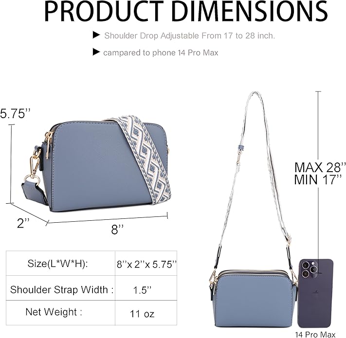 EVVE Crossbody Bags for Women Trendy Triple Zip Small Crossbody Camera Bag Purse with Wide Guitar Strap