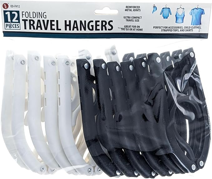 SE 12-piece Set of Folding Ultra Compact Travel Hangers (Black & White), Open 16-Inches Folded 5-Inches