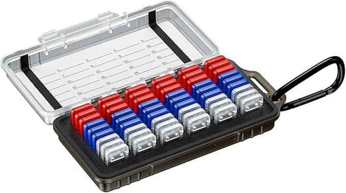 54 Slots MicroSD Card Case with 54 Individual Clear Plastic TF Card Cases for 54x Micro SD MicroSDHC MicroSDXC MSD Cards,Water-Resistant Camera Memory Card Holder with Carabiner & Labels - Transparent