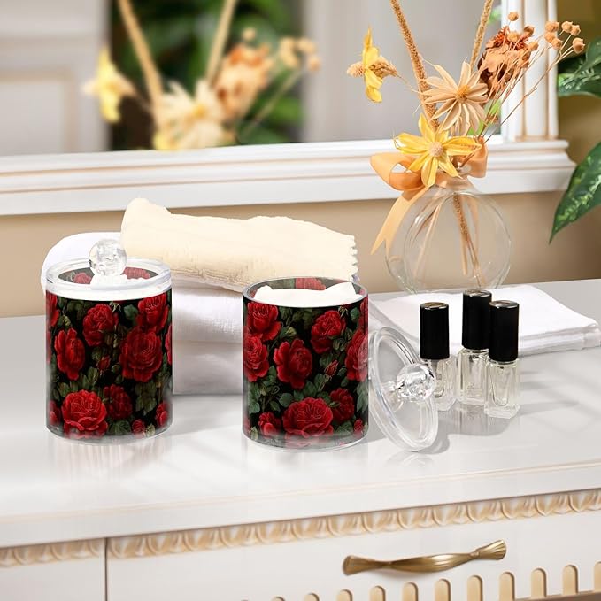 Gredecor Qtip Holder Dispenser 4 Pack Red Rose Flowers Leaves Apothecary Jars with Lids Bathroom Vanity Countertop Canister Storage Organizer for Cotton Ball,Swabs,Pads,Floss