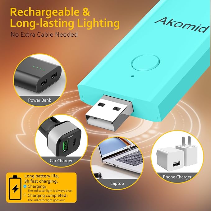 Akomid USB Rechargeable Book Light for Reading in Bed, 8 LEDs Bookmark Style Clip on, Eye-Cared Amber Light Mode for Kids, Blue Light Blocking, Stepless Dimming, Lake Blue