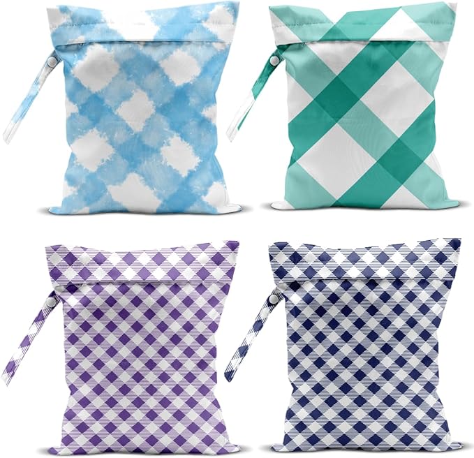 Wet Bag, 4Pcs Wet Dry Bag Set, Reusable Waterproof Bags with Color-Block Plaid for Women, Practical for Beach Outings, Pool Time & Daily Storage
