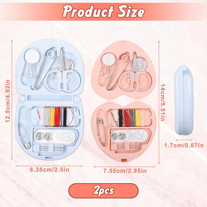2 Pcs Travel Sewing Kit Mini Sewing Kit Portable Handheld Machine Travel Size Professional Portable Needle and Thread Kits Mini Heart Shaped Essentials Materials with Scissors, Threads, Needles
