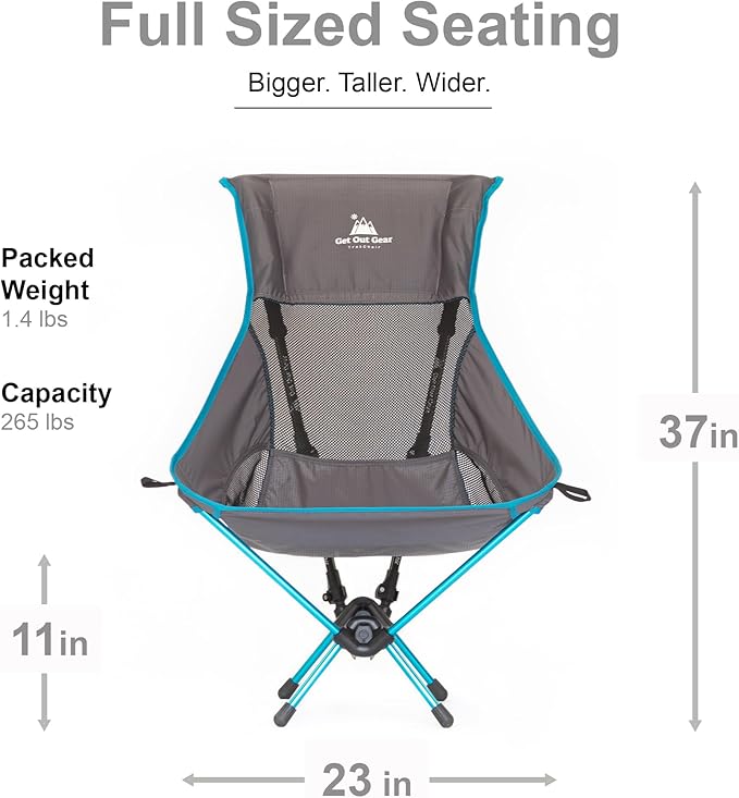 Get Out Gear TrekChair V2 Highback Backpacking Chair | 2-in-1 Trekking Pole and Camp Chair System | Extra Large and Wide with Headrest | Ultralight | Compact, Packable, and Lightweight Hiking Chair