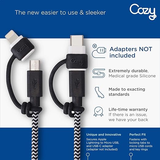 Cozy USB Cable Caps with Tether, [4-Pack] Glow-in-the-Dark Silicone Cord Keeper, Anti-Lost Protective Covers for Charging Cords and USB Adapters, Multi-Color Set