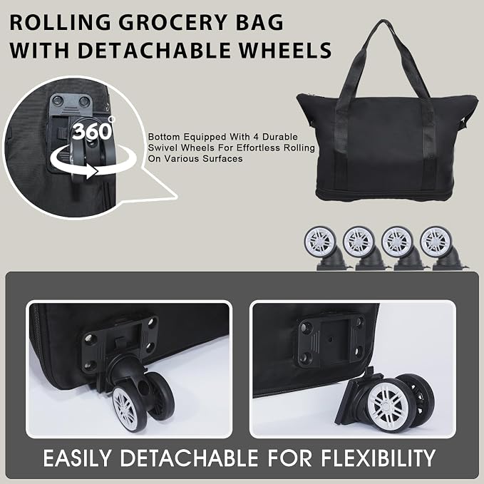 Reusable Grocery Bag on Wheels Shopping Bag with Wheels, Detachable Roller Tote Bag, Luggage Bag, used for Shopping, Camping, Traveling, Giving Gifts to Friends, Large Capacity, Black