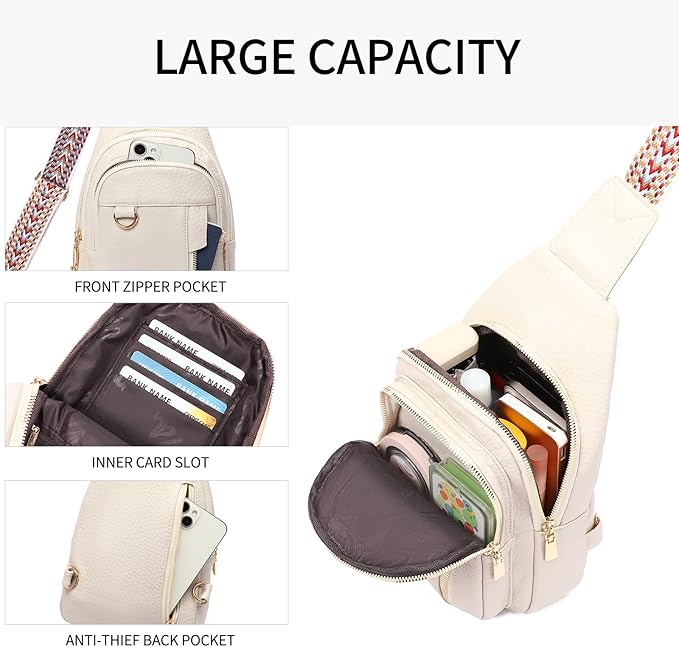GAEKEAO Sling Bag for Women Vegan Leather Crossbody Bags Travel Fanny Pack Chest Bag Purse with Adjustable Wide Guitar Strap