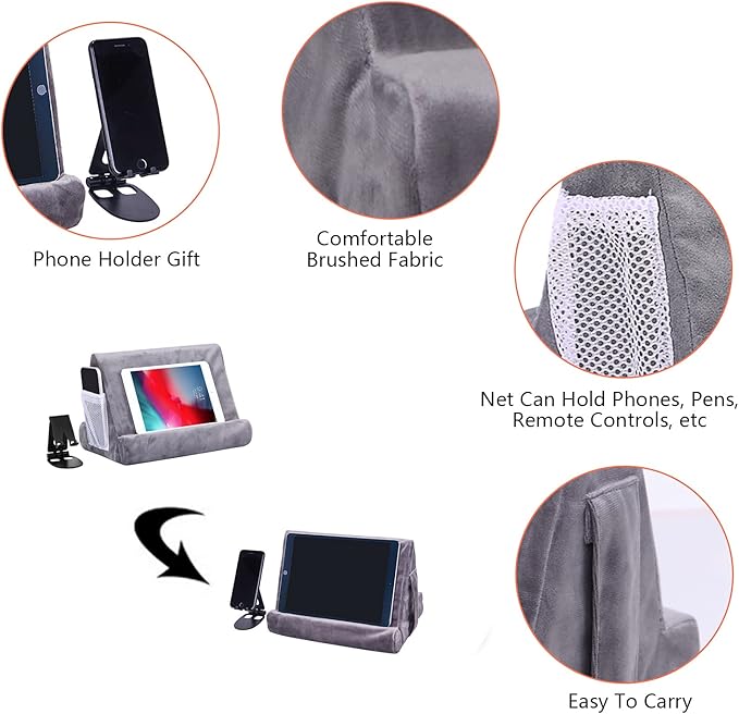 2pcs Multi-Angle Tablet Holder Cushion Stand with Net Pocket & Black Color Phone Stands Upgraded Tablet Pad Support for Phone,Pad,Books (Grey)