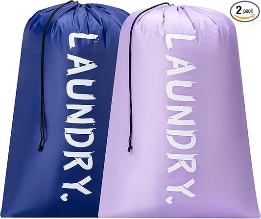 2 Pack XL Travel Laundry Bag, Machine Washable Dirty Clothes Organizer with Drawstring,Large Enough to Hold 4 Loads of Laundry, Easy Fit a Laundry Hamper or Basket Travel Essentials 24" x 36"