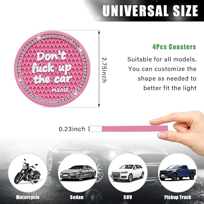Ziciner 4 Pack Bling Car Cup Holder Coaster, 2.75 Inch Anti-Slip Auto Insert Cup Coaster, Crystal Car Drink Cup Mat Perfect for Women Girls, Universal Interior Decor Accessories (Pink)