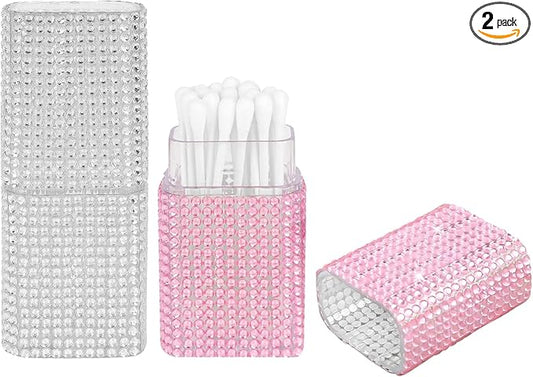 2 Pack Rhinestone Cotton Swab Holder for Travel Small Portable Crystal Dental Floss Storage Box Small Qtips Case Cosmetic Sponge Dispenser Container White & Pink