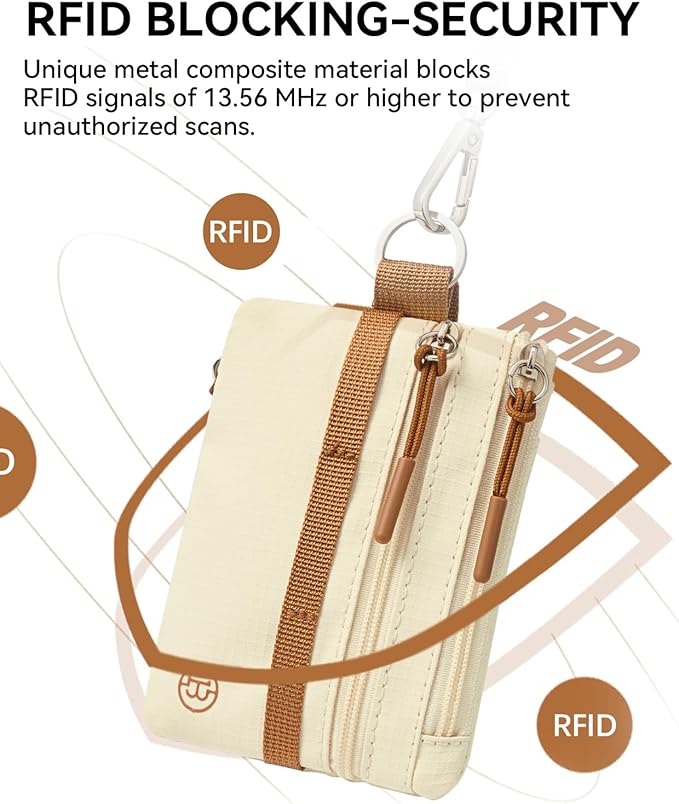 BOSTANTEN Small Wallet RFID, Minimalist Zip ID Case Wallet with Lanyard Keychain, Water Resistant Card Wallets for women & Men, Beige and Brown