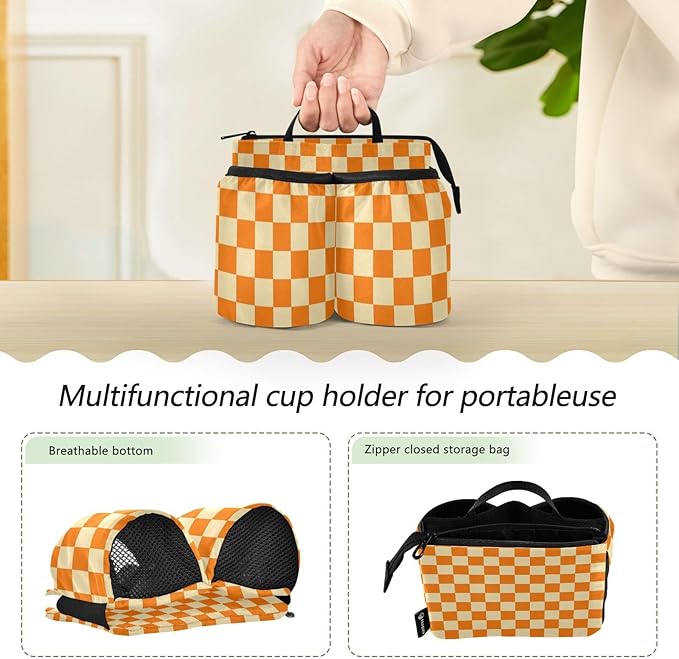 Luggage Cup Caddy Bag Carrier with Handle - Free Hands Travel Drink Holder in Checkered Orange