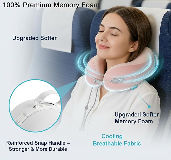 Travel Pillow with Cool Material,Neck Pillow for Traveling 100% Pure Memory Foam,Travel Neck Pillow with Hard Case, Airplane Pillow for Traveling,Travel Essentials (Pink)