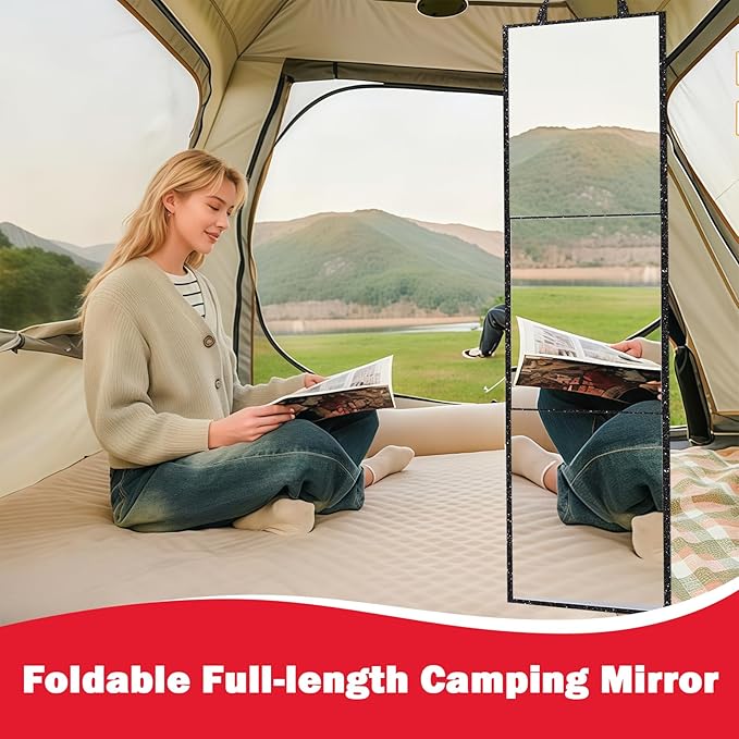 Foldable Full Length Mirror, 2 in 1 Hangable & Tabletop Acrylic Mirror, Portable Travel Mirror with Handle for Dance Bedroom Wardrobe Stage Makeup Checks Camping Outdoor Use (47" x 12.5", Tri-Fold)