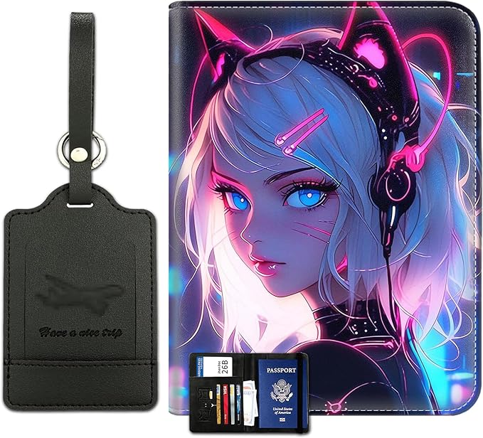 Passport Wallet, Passport Holder with RFID Blocking and Luggage Tag, Waterproof PU Leather Travel Documents Organizer Case, Passport Covers with Card Slot for Women & Men, Cat Girl Blue Neon Anime