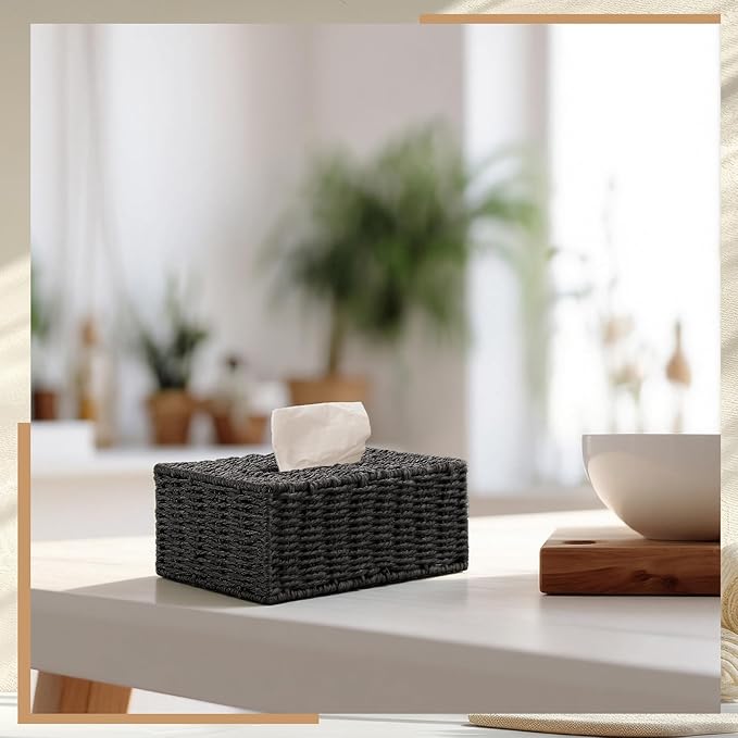 Black Tissue Box Cover Rectangle Natural Paper Rope Hand Woven Tissue Box Holder for Bathroom Living Room Bedroom Kitchen Table Desk Office Farmhouse Home Decor