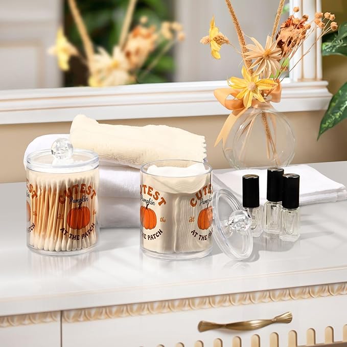 Gredecor 2 Pack Apothecary Jars with Lid Cutest Pumpkin Qtip Holder Dispenser Storage Containers Clear Plastic Cute Rustic Fall Autumn Thanksgiving Theme Canisters for Bathroom Vanity Organization