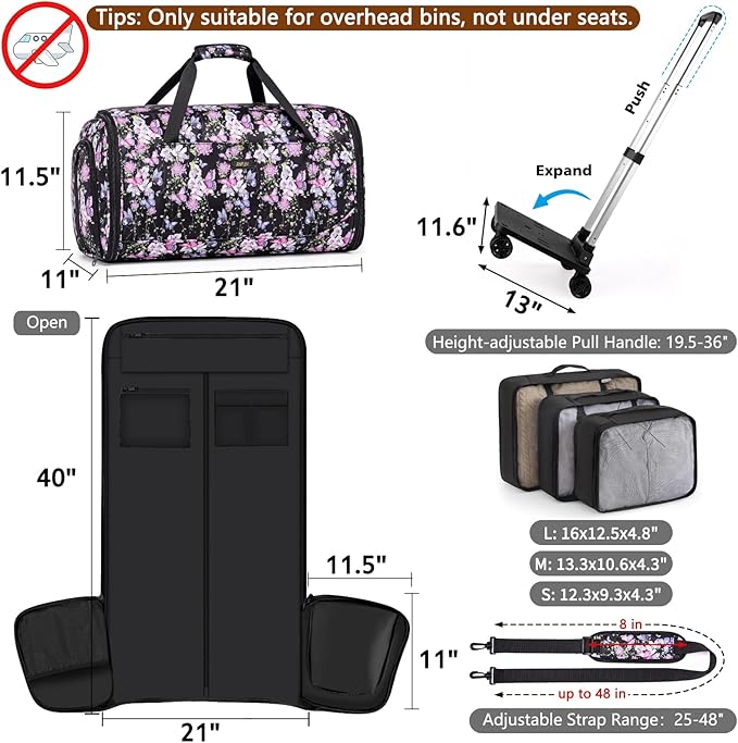 Rolling Garment Bags for Travel - Carry on Convertible Garment Duffle Bags with Wheels for Men Women, 4 in 1 Large Travel Duffel Bags with Shoes Compartment Hanging Suit Dress Weekender Bag 4pcs Set