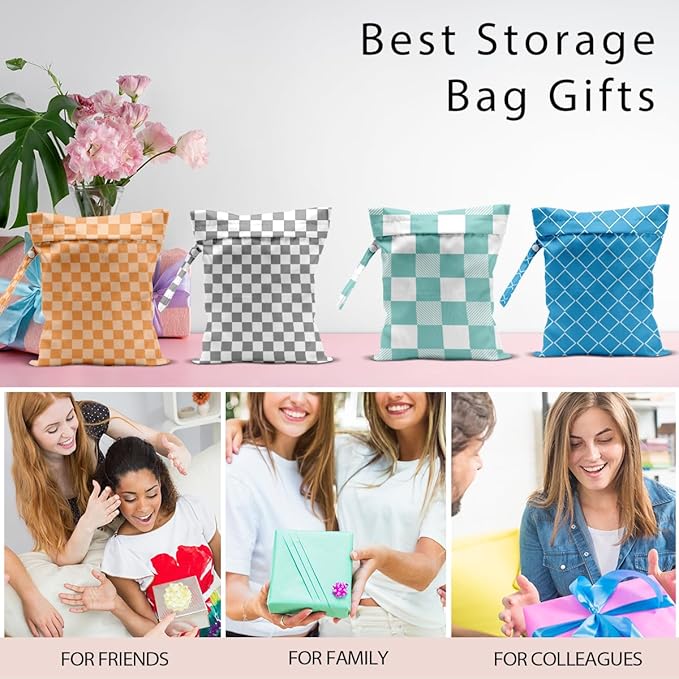 Wet Bag, 4Pcs Wet Dry Bag Set, Reusable Waterproof Bags with Mixed Checkerboard & Blue Diamond Lattice for Women, Ideal for Beach Vacations, Pool Days, Travel & Daily Essentials Storage