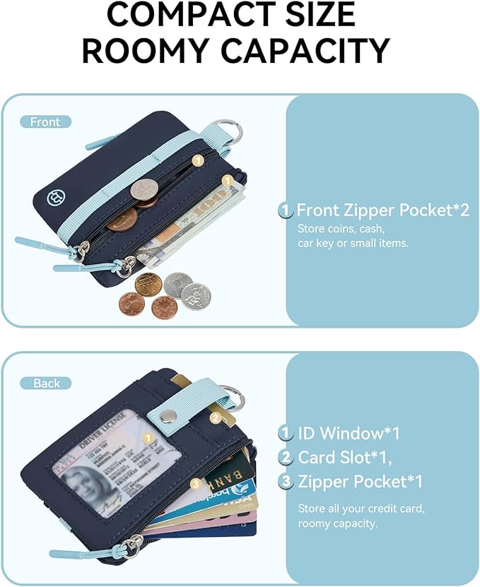 BOSTANTEN Small Wallet RFID, Minimalist Zip ID Case Wallet with Lanyard Keychain, Water Resistant Card Wallets for women & Men, Navy Blue and Sky Blue