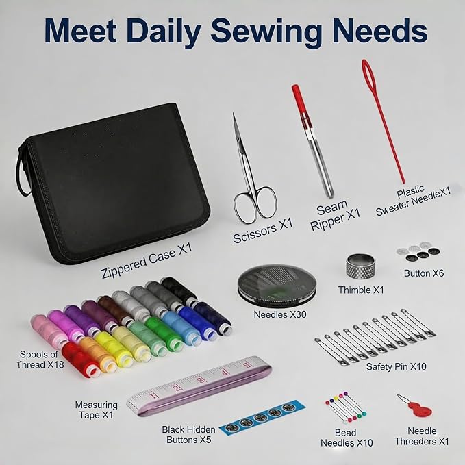 Portable Sewing Kit with Thimble, 86 Pcs Premium Sewing Supplies for Beginners, Home Emergency & DIY Use