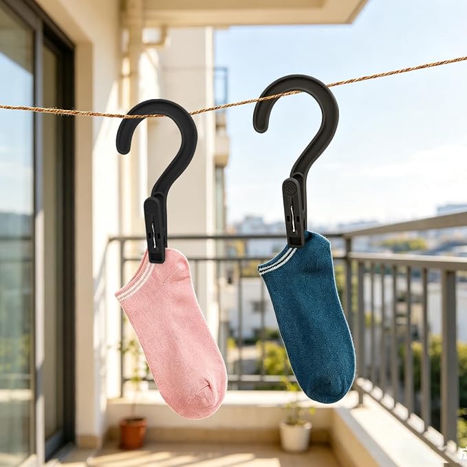 Andiker 4pcs Laundry Hooks with Clips, 5.2" Super Strong Clamping Plastic Single Clip Hangers Portable Travel Hangers with Clips to Hang Socks Towels Boots and Dry Wet Clothes (Black)