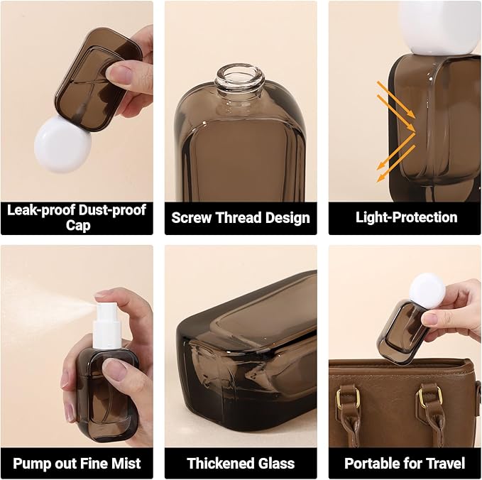 Segbeauty 1oz Fine Mist Glass Travel Perfume Spray Pump Bottles, 2pcs Square Black Refillable Perfume Atomizer with Round Cap, 30ml Empty Cologne Bottle Set, Portable Liquids Container for Travel