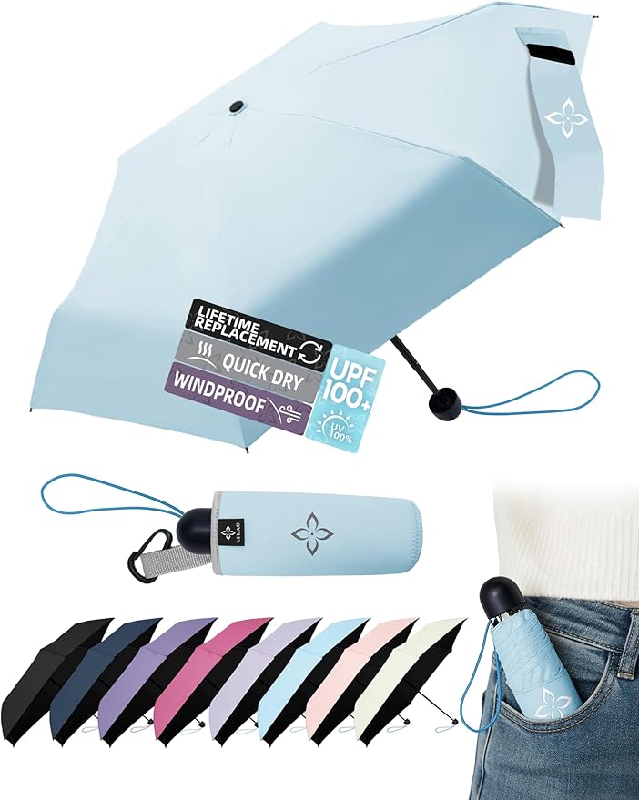 Mini Travel Umbrella for Rain - 43" Large Coverage Small Compact Umbrella, Reinforced Strong Frame, Lightweight Portable Parasol with UPF 100+ UV Protection, Gifts for Adults, Seniors & Students