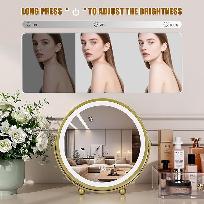 Vanity Mirror with Lights, 8" LED Makeup Mirror Built-in 1500mAH Lithium Battery, HD Professional Mirror, Smart Touch with 3-Color Lighting, Dimmable, Lighted Up for Makeup Desk, Travel (Gold)