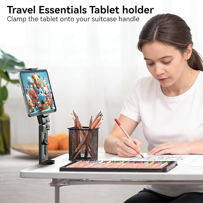 Airplane Tablet Holder Mount, Travel Essential Handsfree Tablet Stand with 360 Degree Rotation, Maximum 7.6” Clamp Opening, Compatible with iPad/Galaxy Tabs (Only Fits 7–11" Tablets)