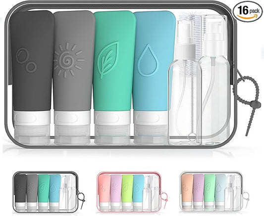 16-Piece Silicone Travel Bottles Set – TSA Approved Leakproof Toiletry Kit with Flat Easy-Squeeze Bottles, Pump & Spray, Waterproof Bag