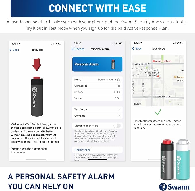 Swann ActiveResponse Mobile Personal Safety Alarm - 110dB Loud Emergency Siren with SMS Alerts & Mobile Connectivity, Long Battery Life, Smart SOS Safety Alarm, Key Chain, MPRS