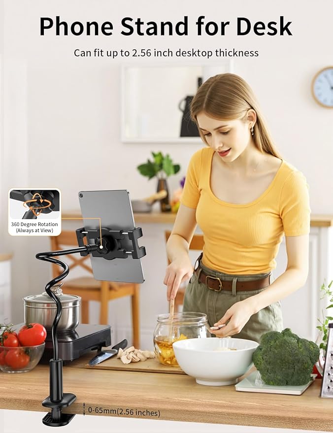 bokilino Gooseneck Tablet Holder Stand for Bed Adjustable Flexible Long Arm Tablets Mount Clamp on Table Compatible with iPad Air Mini | Galaxy Tabs | Kindle Fire | Switch or Other 4.7-12.9" Devices