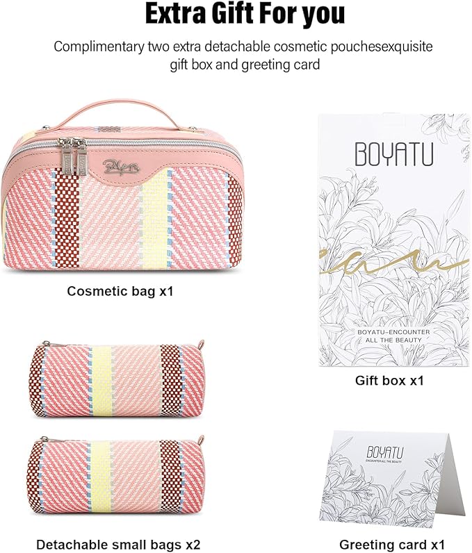 BOYATU Travel Makeup Bag Cosmetic Bag for Women: 3 Pcs Set Make up Bag with Compartments - Waterproof Vegan Leather Toiletry Bags with Handle - Makeup Organizer for Travel Essentials(C-3-Pink)