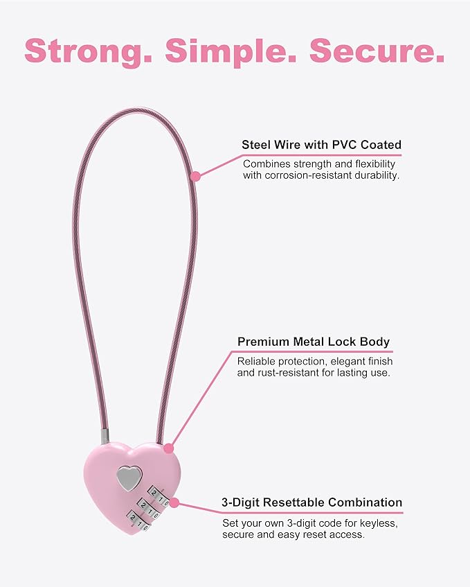 Small Cable Lock with Combination, Combo Lock with Code, Pink Cable Padlock for Luggage, Cabinet, Closet, French Fridge Door, Stroller, Bike Helmet, Pet Cage, Pool Gate, Outdoor Fence