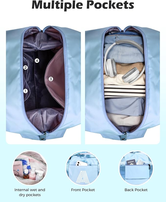 Initial Travel Duffel Bag, Sports Gym Bag, Personalized Weekender Bag with Shoulder Strap, Graduation Gift Monogram Overnight Bag for Women with Trolley Sleeve & Wet Pocket, Light Blue