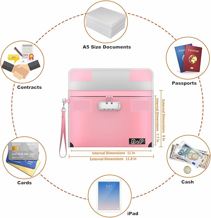 BALAPERI Fireproof Document Bag with Lock - 5200°F Heat Insulated, Water Fire Proof Bag with Zipper, Fireproof Money Bag for Cash, A5 Size Documents, Passport and Valuables, 11”X 7.7”(Pink)